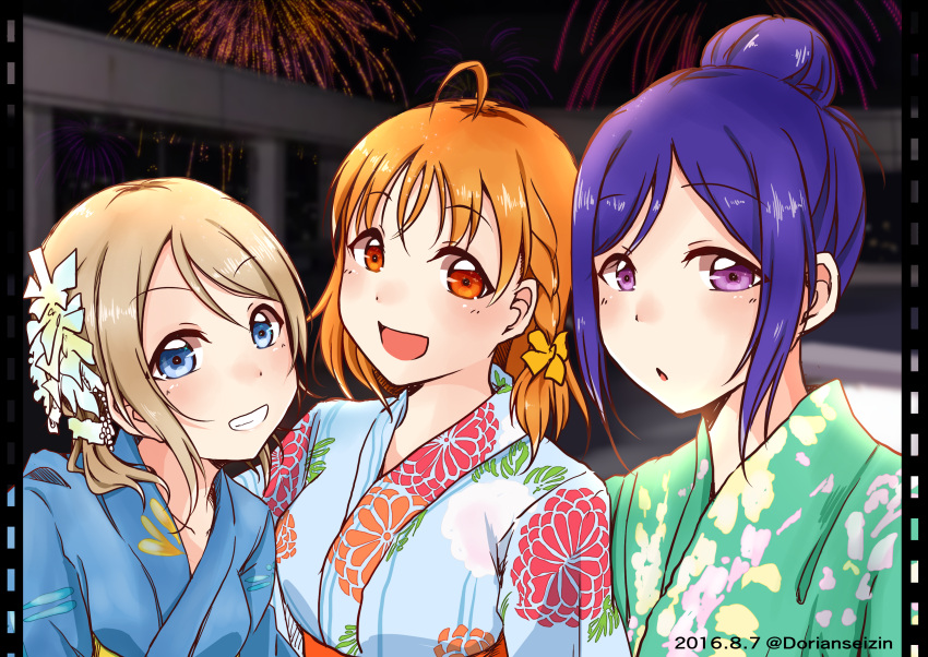 absurdres blue_eyes blush brown_hair fireworks hair_ornament highres japanese_clothes kimono kotobuki_haruki looking_at_viewer love_live! love_live!_sunshine!! matsuura_kanan multiple_girls purple_hair short_hair smile takami_chika watanabe_you