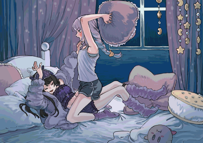 2girls \||/ arms_up bedroom bird_hair_ornament black_hair black_shorts blush braid breasts camisole character_doll closed_eyes crop_top curtains dolphin_shorts food-themed_pillow frilled_camisole frills full_body fur_jacket grey_hair grey_jacket grey_tank_top hair_ornament hands_up highres holding holding_pillow indoors jacket kirby kirby_(series) koze_niire lize_helesta long_hair long_sleeves lying midriff multiple_girls night no_shoes on_back on_bed open_mouth pillow pillow_fight purple_camisole purple_shorts purple_socks short_shorts shorts single_braid sitting sitting_on_person sleepwear small_breasts smile socks straddling sweat tank_top tsukino_mito tsukino_mito_(loungewear) v-shaped_eyebrows window