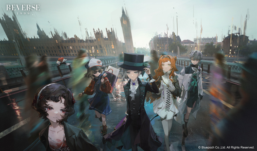 1boy 4girls absurdres apple apple_(reverse:1999) ascot blurry bridge cityscape copyright_name copyright_notice cqqqqdaze elizabeth_tower english_text food fruit hat highres kodona lolita_fashion london long_hair multiple_girls official_art regulus_(reverse:1999) reverse:1999 schneider_(reverse:1999) short_hair sonetto_(reverse:1999) sunglasses top_hat vertin_(reverse:1999) x_(reverse:1999)