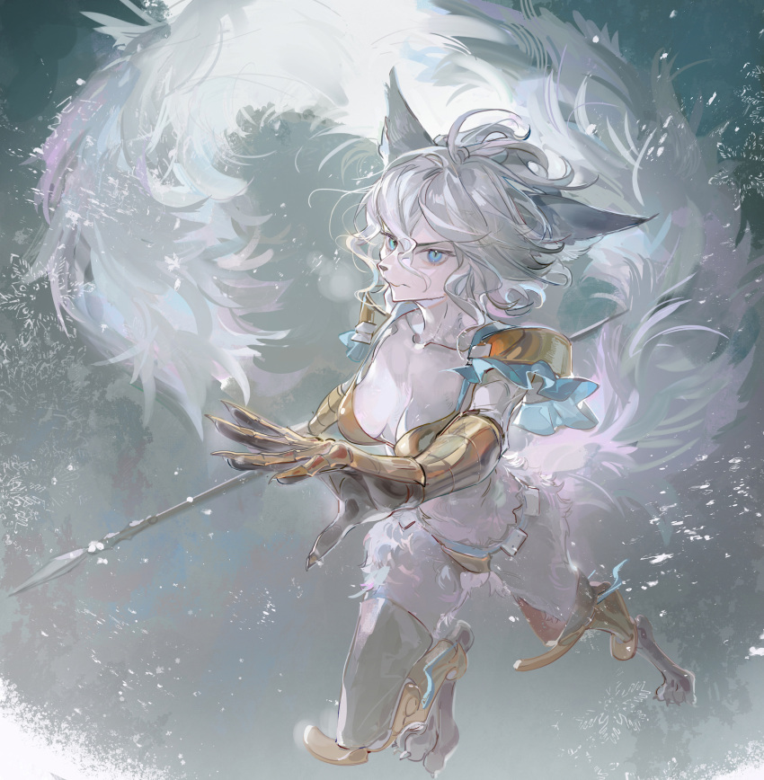 1girl animal_ears animal_nose armor bikini_armor blue_eyes closed_mouth commentary_request dinah_(unicorn_overlord) floating_hair fox_ears fox_girl fox_tail furry furry_female gauntlets gold_armor highres holding holding_polearm holding_weapon looking_at_viewer noir_(ibaraki) pauldrons polearm shoulder_armor solo spear tail unicorn_overlord wavy_hair weapon white_fur white_hair