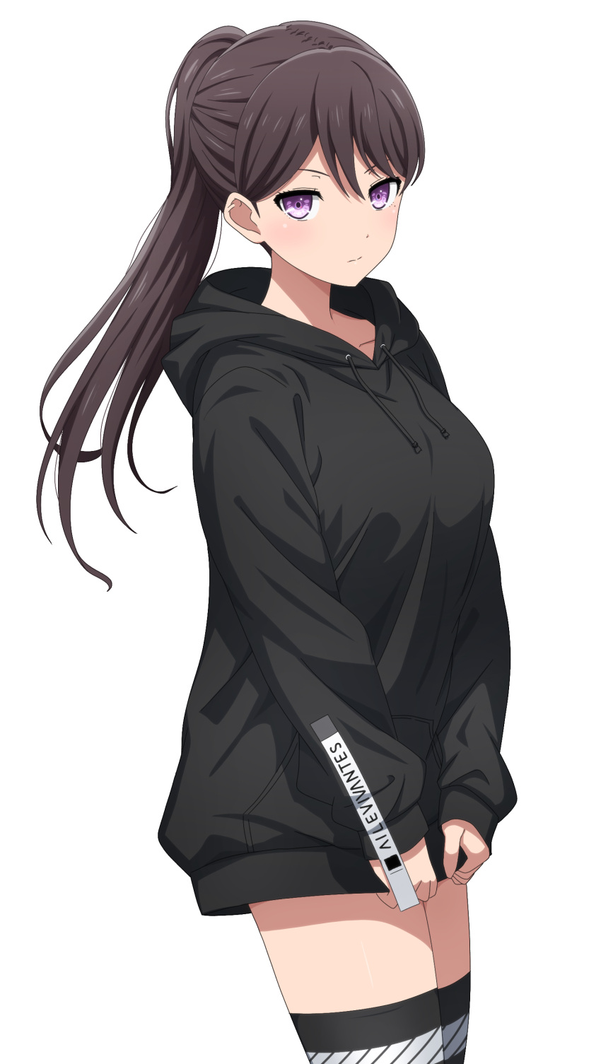 1girl absurdres bang_dream! bang_dream!_it's_mygo!!!!! black_hair black_hoodie black_thighhighs breasts closed_mouth commentary hair_between_eyes highres hood hood_down hoodie long_hair long_sleeves looking_at_viewer medium_breasts noshimurin official_alternate_costume ponytail purple_eyes shiina_taki simple_background solo thighhighs white_background zettai_ryouiki