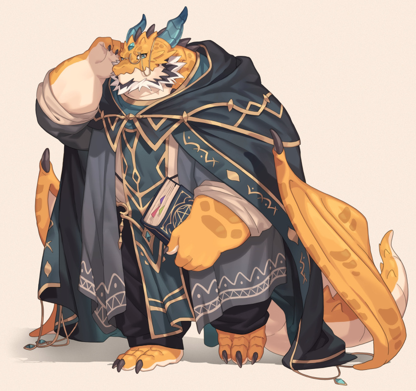 absurd_res anthro claws dragon european_mythology eyewear hi_res horn kemono magic_book male membrane_(anatomy) membranous_wings monocle mythological_creature mythological_scalie mythology scalie smile solo western_dragon wings wizard_robe yed