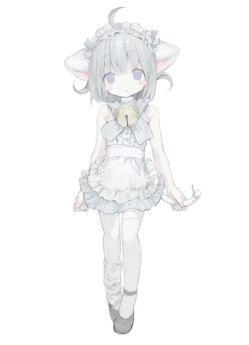 1girl ahoge animal_ears apron bare_shoulders bell cat_ears cat_girl cat_tail dress expressionless full_body grey_eyes grey_hair highres jingle_bell looking_at_viewer maid maid_apron maid_headdress original short_dress short_hair simple_background solo tail thighhighs white_background white_thighhighs youyuu_(melt_yo103) zettai_ryouiki