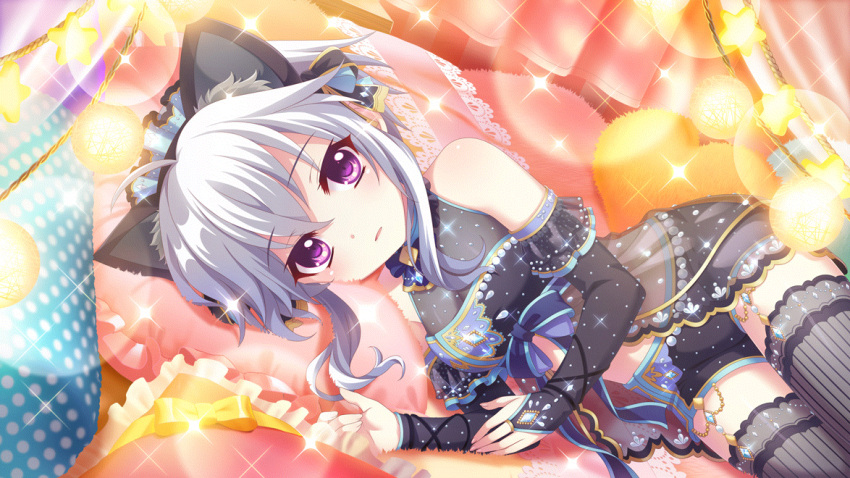 1girl animal_ear_hairband animal_ears bare_shoulders bed black_bow black_shorts black_thighhighs blue_bow blue_gemstone blue_ribbon bow breasts canopy_bed cat_ear_hairband cat_ears cleavage crop_top dot_nose elbow_gloves fake_animal_ears film_grain game_cg gem gloves grey_hair hair_bow hairband heart heart-shaped_pillow ichijou_ruka izumi_tsubasu lens_flare looking_at_viewer lying non-web_source official_art on_bed on_side parted_lips pillow polka_dot purple_eyes re:stage! ribbon see-through see-through_cleavage short_hair_with_long_locks short_shorts shorts sleeveless small_breasts solo sparkle star_(symbol) thighhighs
