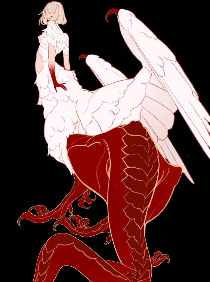 1girl bird_wings black_background blonde_hair blood blood_on_face blood_on_hands chimera claws closed_eyes dragon_tail dungeon_meshi facing_back falin_touden falin_touden_(chimera) feathered_wings feathers from_behind full_body highres monster_girl scales short_hair simple_background solo surie tail talons taur wings