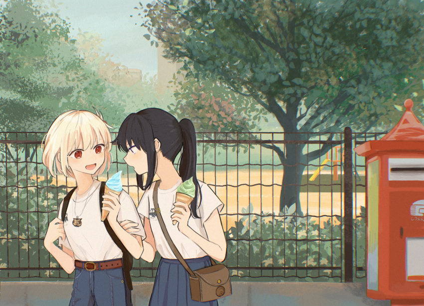 2girls backpack bag belt black_hair blonde_hair blue_pants blue_skirt commentary_request day denim food hand_on_another's_arm handbag highres holding holding_food holding_ice_cream ice_cream ice_cream_cone inoue_takina jeans jewelry long_hair looking_at_another lycoris_recoil masaru_(kises_j) medium_hair multiple_girls necklace nishikigi_chisato open_mouth outdoors pants park playground pleated_skirt ponytail postbox_(outgoing_mail) purple_eyes red_eyes shirt short_sleeves skirt smile tree white_shirt