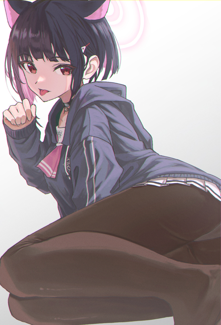 1girl :p absurdres animal_ears black_choker black_hair black_hoodie black_pantyhose blue_archive blunt_bangs bob_cut cat_ears choker colored_inner_hair commentary extra_ears foot_out_of_frame halo hand_up highres hood hood_down hoodie kakinox kazusa_(blue_archive) looking_at_viewer lying miniskirt multicolored_hair neckerchief no_shoes on_side panties panties_under_pantyhose pantyhose pink_hair pink_halo pink_neckerchief pleated_skirt red_eyes simple_background skirt sleeves_past_wrists solo tongue tongue_out tsurime underwear white_background white_skirt