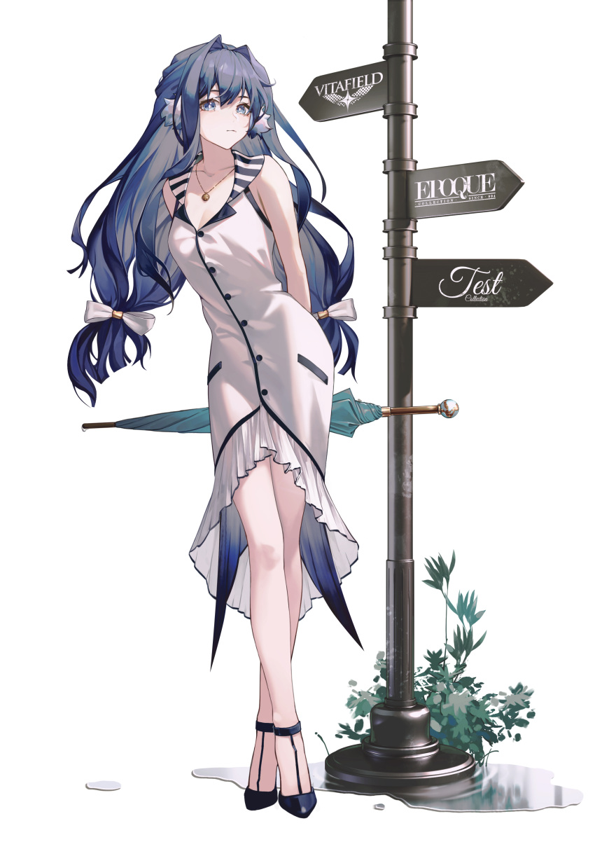 1girl absurdres alternate_costume arknights arms_behind_back astesia_(arknights) black_footwear blue_eyes blue_hair blunt_ends breasts cleavage commentary crossed_legs dress english_commentary feather_hair_ornament feathers full_body hair_ornament highres holding holding_umbrella long_hair looking_at_viewer low-tied_long_hair medium_breasts plant puddle signpost simple_background solo striped_collar twintails umbrella white_background white_dress zhuang_yao