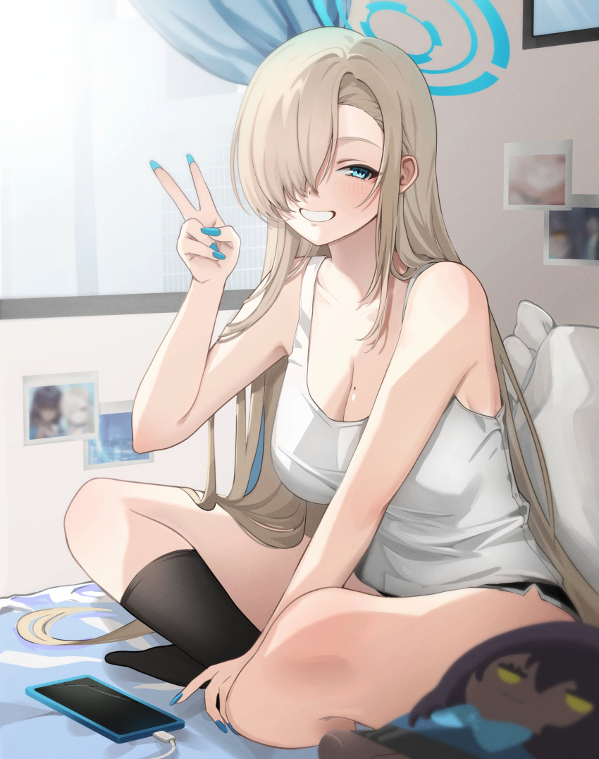 1girl absurdres aqua_eyes asuna_(blue_archive) bare_shoulders bed black_shorts black_socks blonde_hair blue_archive blue_eyes blue_halo blue_nails breasts cellphone character_doll cleavage curtains dolphin_shorts hair_over_one_eye halo highres indian_style karin_(blue_archive) kneehighs large_breasts long_hair looking_at_viewer mole mole_on_breast on_bed phone pillow polaroid sachichuu short_shorts shorts sitting smartphone smile socks solo v very_long_hair