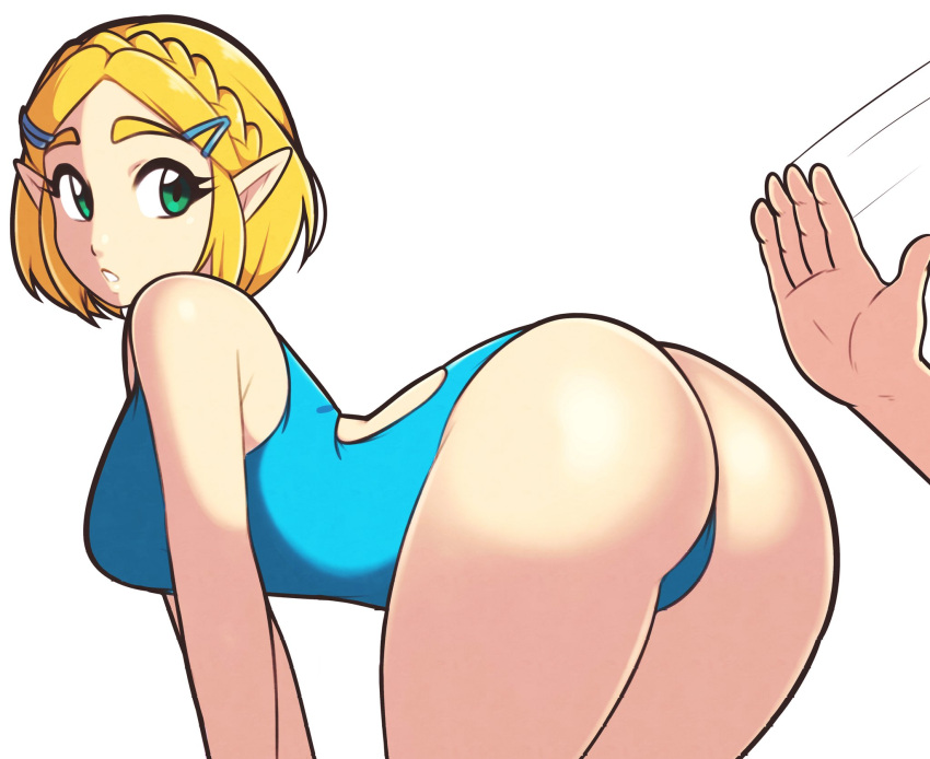 ass bent_over blonde_hair blue_one-piece_swimsuit commentary green_eyes highres jeff_miga one-piece_swimsuit pointy_ears princess_zelda swimsuit the_legend_of_zelda the_legend_of_zelda:_breath_of_the_wild