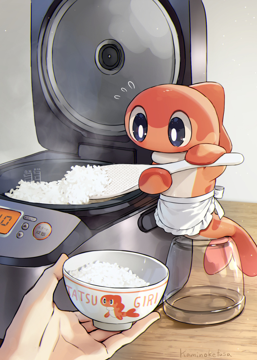 1other animal_focus apron bowl character_name commentary_request fish flying_sweatdrops highres kaminokefusa pokemon pokemon_(creature) rice_cooker shamoji steam tatsugiri tatsugiri_(curly)