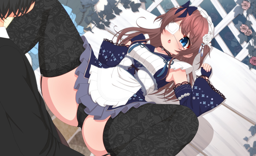 1boy 1girl absurdres black_choker black_panties black_thighhighs blue_bow blue_eyes blue_gloves blue_sleeves blush bow breasts brown_hair choker detached_sleeves dress eyepatch feet_out_of_frame fingerless_gloves fishnet_thighhighs fishnets flower frilled_dress frills fujigaya_arctia gloves hair_bow hair_flower hair_ornament hetero highres lace_thighhighs long_hair looking_at_another lying mahjong_soul maid maid_headdress medical_eyepatch on_back open_mouth panties pink_flower pink_rose plant rose shinomiya_fuyumi short_dress sleeveless sleeveless_dress small_breasts solo_focus spread_legs textless_version thighhighs underwear variant_set vines white_flower white_rose