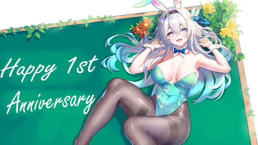 1girl :d absurdres alternate_costume animal_ears aqua_hair aqua_leotard bare_arms bare_shoulders black_hairband blue_bow blue_bowtie bow bowtie breasts cleavage commentary covered_navel detached_collar feet_out_of_frame firefly_(honkai:_star_rail) flower gradient_hair green_nails grey_hair grey_pantyhose hairband highres honkai:_star_rail honkai_(series) large_breasts leaf leotard long_hair looking_at_viewer multicolored_hair nail_polish open_mouth orange_flower pantyhose playboy_bunny purple_eyes rabbit_ears smile solo strapless strapless_leotard thighband_pantyhose thighs very_long_hair wrist_cuffs zea_(zeamilky)