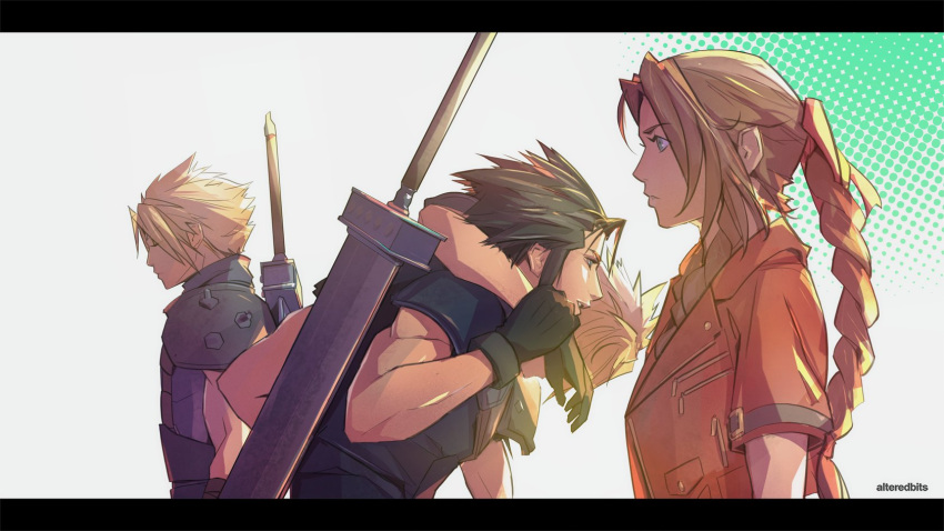 1girl 2boys aerith_gainsborough alteredbits arm_around_shoulder armor artist_name black_gloves black_hair blonde_hair braid braided_ponytail brown_hair buster_sword closed_eyes cloud_strife facing_ahead final_fantasy final_fantasy_vii final_fantasy_vii_remake gloves green_eyes hair_ribbon hair_slicked_back head_down highres holding_another's_wrist jacket long_hair multiple_boys parted_bangs parted_lips pink_ribbon red_jacket ribbon short_hair short_sleeves shoulder_armor sidelocks single_braid single_shoulder_pad sleeveless sleeveless_turtleneck spiked_hair suspenders turtleneck upper_body weapon weapon_on_back zack_fair