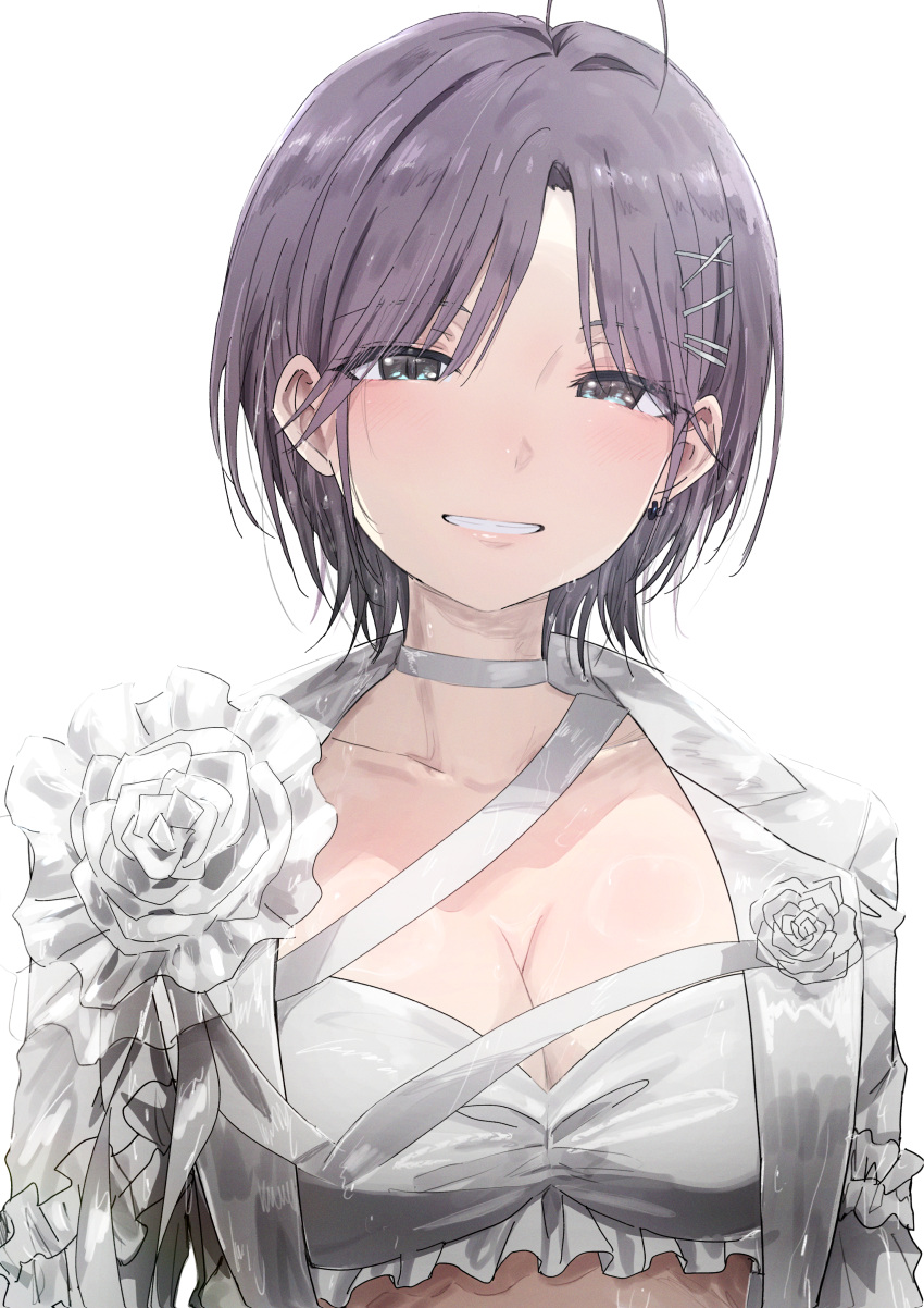 1girl absurdres ahoge asakura_toru blue_eyes blush bra breasts cleavage collarbone commentary_request curtained_hair earrings eyes_visible_through_hair flower frilled_bra frills grey_choker grey_jacket grin hair_ornament hairclip half-closed_eyes highres idolmaster idolmaster_shiny_colors jacket jewelry large_breasts looking_at_viewer misaki_nonaka open_clothes open_jacket purple_hair ribbon rose short_hair simple_background smile solo sweat thick_eyelashes underwear upper_body white_background white_bra white_flower white_ribbon white_rose
