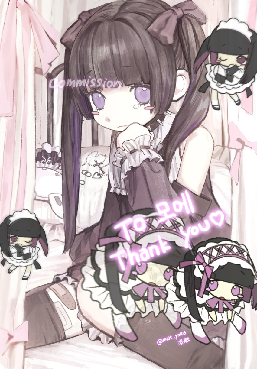 1girl bandaid bandaid_on_leg bare_shoulders black_hair black_thighhighs blush_stickers check_copyright chibi choker commission copyright_request flat_chest highres indoors jirai_kei long_hair looking_at_viewer maid original pale_skin purple_eyes sitting solo spiked_choker spikes tearing_up thighhighs twintails wavy_mouth youyuu_(melt_yo103)