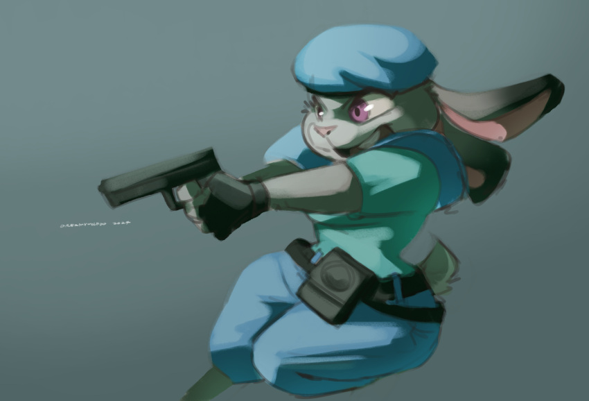 2024 anthro capcom clothing cosplay costume crossover disney dreamywolfdd female fur grey_body grey_fur gun handgun hat headgear headwear holding_object jill_valentine judy_hopps lagomorph leporid long_ears mammal pistol police purple_eyes rabbit ranged_weapon resident_evil scut_tail short_tail signature solo tail tight_clothing uniform weapon wide_hips zootopia