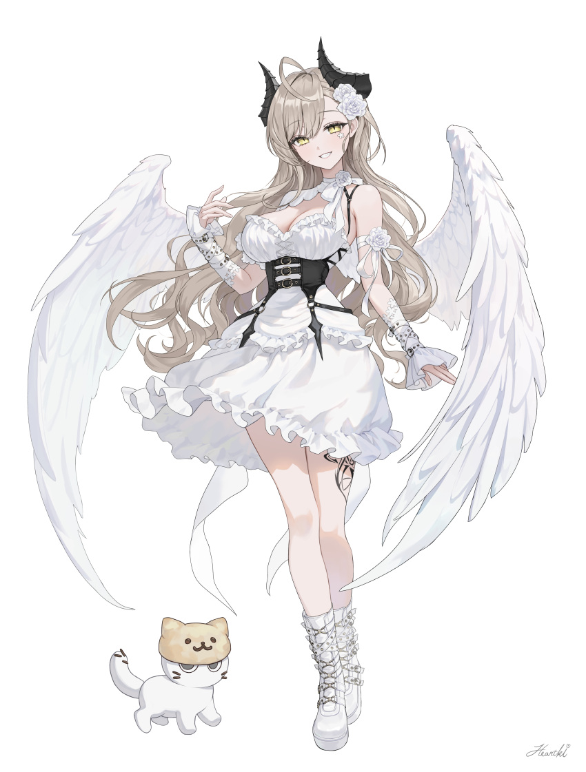 1girl absurdres ahoge boots breasts cat corset curled_horns dress feathered_wings flower frilled_dress frills full_body grin hair_flower hair_ornament heartki highres horns large_breasts light_brown_hair long_hair looking_at_viewer original signature simple_background smile solo standing very_long_hair white_background white_dress white_footwear wings yellow_eyes