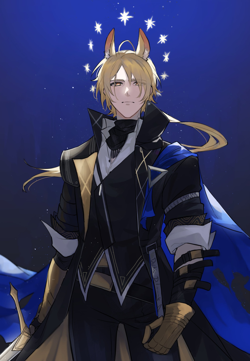 1boy absurdres animal_ear_fluff animal_ears arknights ascot black_ascot black_jacket black_pants blonde_hair blue_background blue_cape cape cowboy_shot frown gauntlets gradient_background hair_over_one_eye highres horse_ears jacket long_hair looking_at_viewer male_focus mlynar_(arknights) mlynar_(wdali)_(arknights) pants ponytail shirt solo star_(symbol) white_shirt yakota_(usuk-yako) yellow_eyes