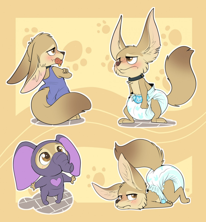 big_ears blush brown_eyes brown_fur clothing collar crossed_arms cuddlehooves diaper disney embarrassed finnick fur lying male pacifier solo standing teeth zootopia