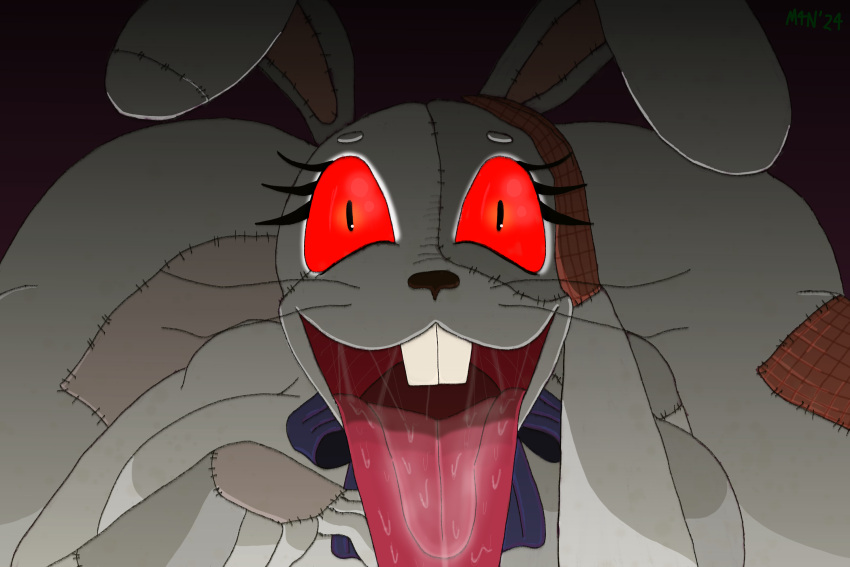 animate_inanimate anthro big_breasts big_butt bodily_fluids bow_ribbon bow_tie bow_tie_only breasts buckteeth butt drooling excessive_saliva eyelashes female five_nights_at_freddy's five_nights_at_freddy's:_security_breach hand_on_head hi_res horror_(theme) huge_tongue hyper hyper_tongue lagomorph leporid looking_at_viewer lying m4n mammal mostly_nude on_front patchwork_creature plushie pooling rabbit saliva saliva_on_tongue saliva_string scary scary_face scottgames smile smiling_at_viewer solo steel_wool_studios teeth thick_thighs tongue tongue_hanging_out tongue_out vanny vanny_(fnaf) whiskers wide_eyed wide_hips
