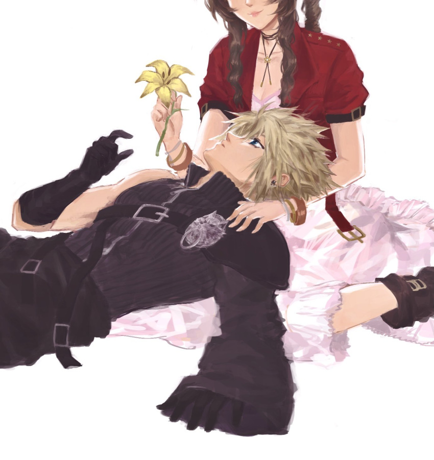 1boy 1girl aerith_gainsborough armor bangle black_cape black_gloves black_shirt black_sleeves blonde_hair blue_eyes boots bracelet braid braided_ponytail breasts brown_hair cape choker cleavage cloud_strife dress earrings fenrir_(final_fantasy) final_fantasy final_fantasy_vii final_fantasy_vii_advent_children final_fantasy_vii_remake flower flower_choker gloves hair_between_eyes hand_on_another's_shoulder head_out_of_frame hetero highres holding holding_flower jacket jewelry kivavis kneeling lap_pillow lily_(flower) long_dress long_hair medium_breasts parted_bangs parted_lips pink_dress popped_collar reclining red_jacket shirt short_hair short_sleeves shoulder_armor sidelocks single_bare_shoulder single_braid single_earring single_shoulder_pad single_sleeve smile spiked_hair waist_cape white_background wolf yellow_flower