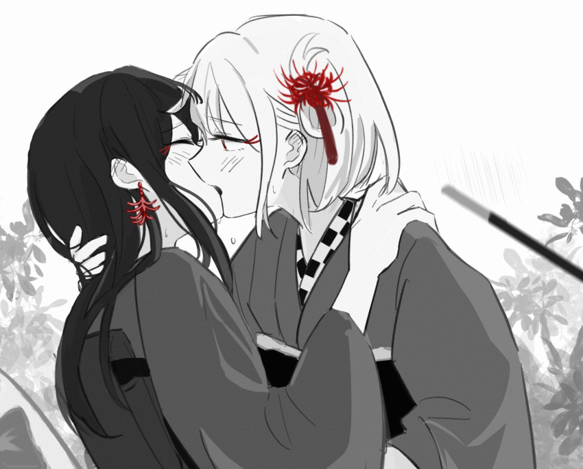 2girls blush closed_eyes commentary_request ear_blush earrings flower greyscale hair_flower hair_ornament hand_on_another's_neck hand_on_another's_shoulder inoue_takina japanese_clothes jewelry kimono kiss long_hair looking_at_another lycoris_recoil masaru_(kises_j) monochrome multiple_girls nishikigi_chisato obi red_eyes red_flower sash spider_lily spot_color sweat upper_body yuri