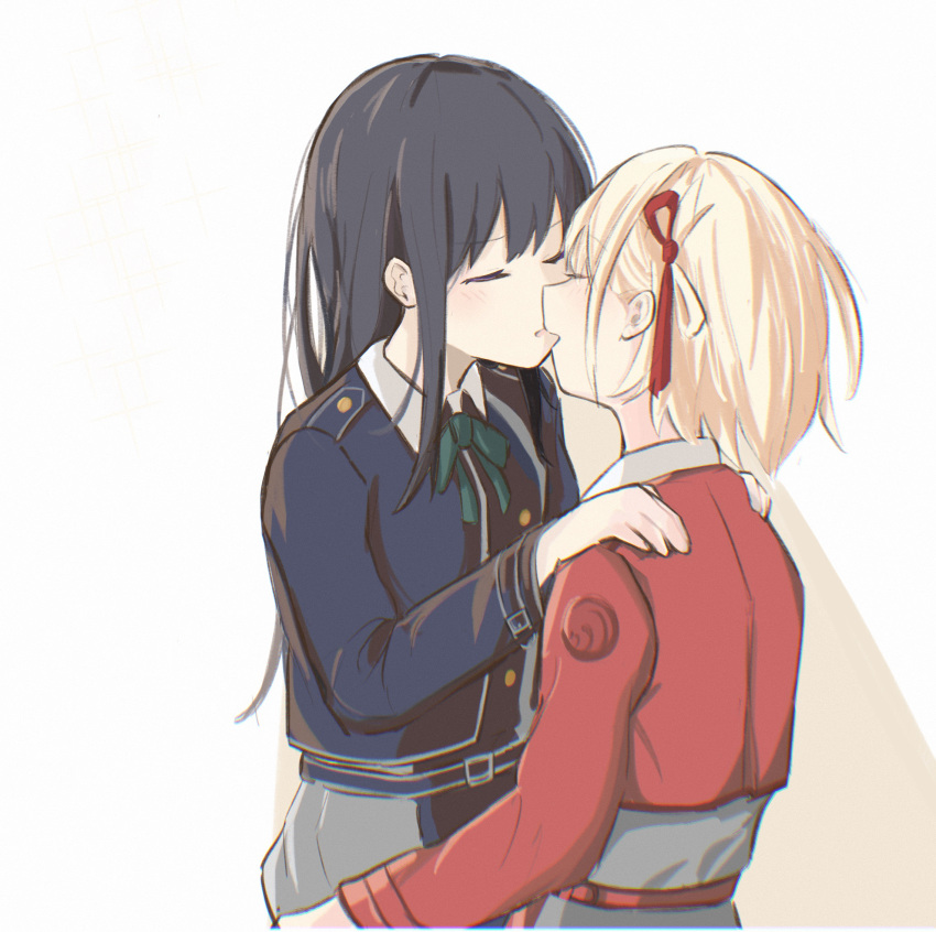 2girls black_hair blonde_hair blue_dress closed_eyes commentary_request dress hair_ribbon hands_on_another's_shoulders highres imminent_kiss inoue_takina long_hair long_sleeves lycoris_recoil lycoris_uniform masaru_(kises_j) medium_hair multiple_girls nishikigi_chisato one_side_up parted_lips red_ribbon ribbon shadow simple_background upper_body white_background yuri