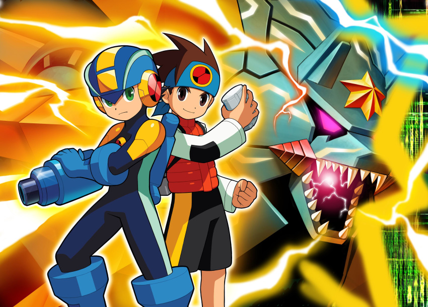 2boys absurdres archived_source arm_cannon artist_request black_shorts blue_bodysuit blue_headband bodysuit brown_eyes clenched_hand closed_mouth digital_rain electricity fangs glowing glowing_eye green_eyes gregar_(mega_man) hand_on_own_arm headband helmet highres holding lan_hikari_(mega_man) long_sleeves looking_at_viewer male_focus mega_man_(series) mega_man_battle_network_(series) mega_man_battle_network_6 megaman.exe multiple_boys netnavi official_art open_mouth orange_vest personal_terminal powering_up robot serious sharp_teeth shirt short_hair shorts spiked_hair standing teeth vest weapon white_shirt