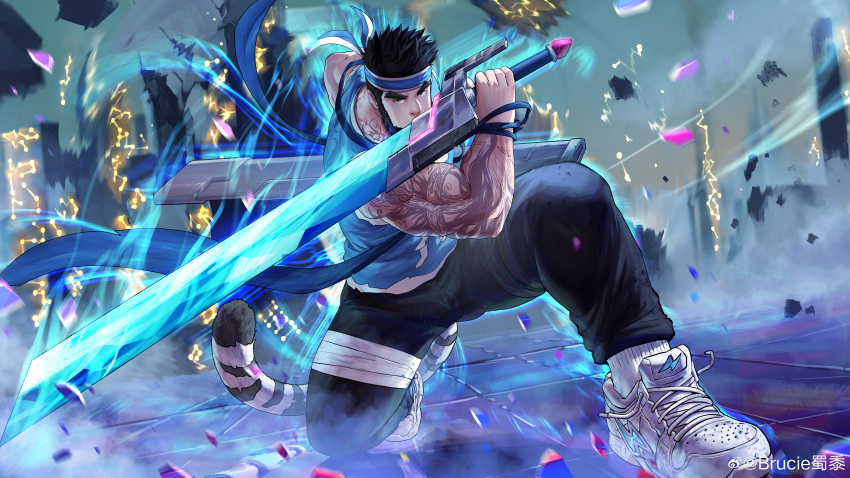 1boy absurdres arm_tattoo ass_visible_through_thighs bandaged_leg bandages bara bare_arms beard black_hair blue_headband blue_shirt brucie_(infighter821) cross cross_necklace dungeon_and_fighter facial_hair fighting_stance full_beard glowing glowing_sword glowing_weapon headband highres jewelry kulolin leg_belt male_focus mature_male mechanical_sword muscular muscular_male necklace on_one_knee original second-party_source shirt short_hair sleeveless sleeveless_shirt solo sword_in_front_of_face tail tattoo thick_eyebrows tiger_tail v-shaped_eyebrows weapon