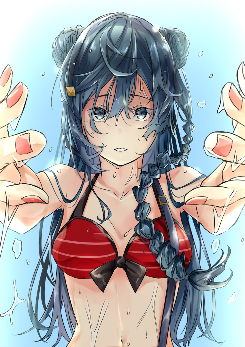 1girl bikini black_hair blue_background breasts collarbone commentary_request double_bun furrowed_brow gradient_background grey_eyes hair_between_eyes hair_bun hair_flowing_over highres long_hair looking_at_viewer love_live! love_live!_nijigasaki_high_school_idol_club medium_breasts midriff navel official_alternate_hairstyle one_side_up parted_lips red_bikini sidelocks solo striped_bikini striped_clothes swimsuit tommer upper_body wet wet_hair white_background yuki_setsuna_(love_live!)