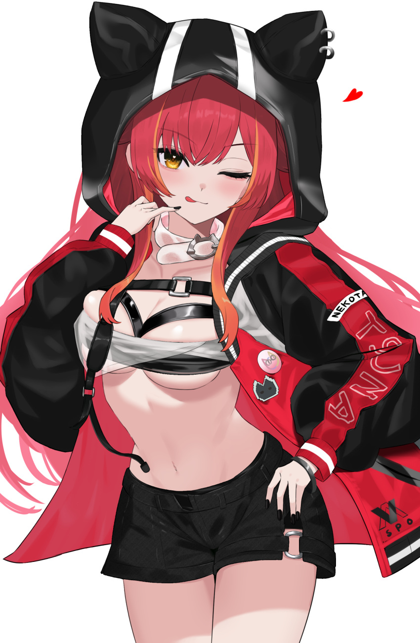 1girl 4kebidayo ;q absurdres animal_ear_hood bandeau belt belt_bra black_belt black_jacket black_nails black_shorts bracelet breasts character_name chest_belt collar cowboy_shot hand_on_own_hip heart heart_in_eye highres hood hood_up hooded_jacket jacket jewelry leaning_forward long_sleeves looking_at_viewer medium_breasts multicolored_hair navel nekota_tsuna official_alternate_costume one_eye_closed open_clothes open_jacket orange_eyes orange_hair pinky_out red_hair red_jacket revealing_clothes short_shorts shorts side_slit simple_background solo stomach streaked_hair symbol_in_eye tongue tongue_out virtual_youtuber vspo! white_background white_bandeau white_collar