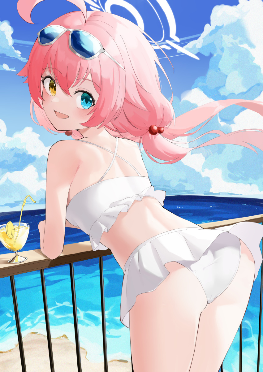 1girl absurdres ass beach bikini bikini_skirt blue_archive blue_eyes blue_sky blush breasts cloud eyewear_on_head green_tea_(greente43670136) halo heterochromia highres hoshino_(blue_archive) hoshino_(swimsuit)_(blue_archive) looking_at_viewer low_twintails official_alternate_costume open_mouth pink_hair skirt sky small_breasts smile solo sunglasses swimsuit twintails water white_bikini white_halo white_skirt yellow_eyes