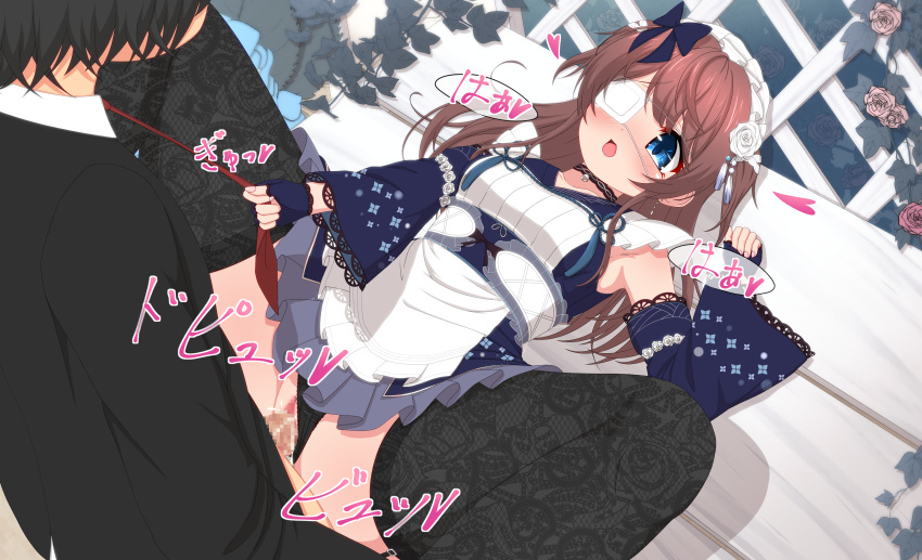 1boy 1girl absurdres black_choker black_panties black_thighhighs blue_bow blue_eyes blue_gloves blue_sleeves blush bow breasts brown_hair censored choker clothed_sex clothing_aside detached_sleeves dress eyepatch feet_out_of_frame fingerless_gloves fishnet_thighhighs fishnets flower frilled_dress frills fujigaya_arctia gloves hair_bow hair_flower hair_ornament heart hetero highres lace_thighhighs long_hair looking_at_another lying mahjong_soul maid maid_headdress medical_eyepatch missionary mosaic_censoring necktie necktie_grab neckwear_grab on_back open_mouth panties panties_aside penis pink_flower pink_rose plant pussy pussy_juice red_necktie rose sex shinomiya_fuyumi short_dress sleeveless sleeveless_dress small_breasts solo_focus spread_legs thighhighs underwear vaginal variant_set vines white_flower white_rose