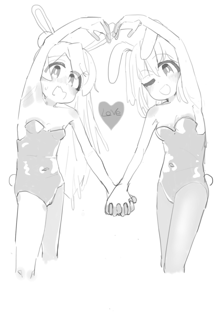 2girls :d animal_ears armpits bare_arms bare_shoulders blush breasts bright_pupils commentary contrapposto covered_navel cropped_legs embarrassed english_commentary english_text fake_animal_ears fake_tail greyscale heart heart_arms_duo highres holding_hands interlocked_fingers leotard long_hair looking_at_viewer medium_breasts monochrome multiple_girls nose_blush one_eye_closed onii-chan_wa_oshimai! open_mouth oyama_mahiro oyama_mihari pantyhose playboy_bunny rabbit_ears rabbit_tail siblings simple_background sisters sketch small_breasts smile standing strapless strapless_leotard tail very_long_hair white_background white_pupils yana_(muuimiingan)