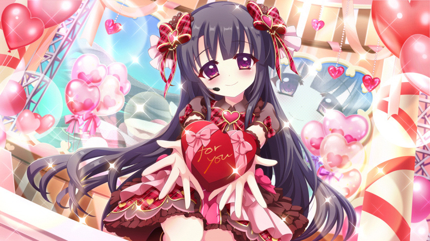 1girl black_hair blush bow box brooch brown_dress closed_mouth concert dot_nose dress dutch_angle film_grain game_cg gift gift_box hair_bow hair_ornament head_tilt headset heart heart-shaped_box heart_brooch heart_hair_ornament ichikishima_mizuha idol idol_clothes incoming_gift izumi_tsubasu jewelry layered_skirt lens_flare long_hair non-web_source official_art pink_skirt plaid plaid_bow purple_eyes re:stage! red_bow screen skirt smile solo sparkle stage stage_lights straight_hair valentine very_long_hair