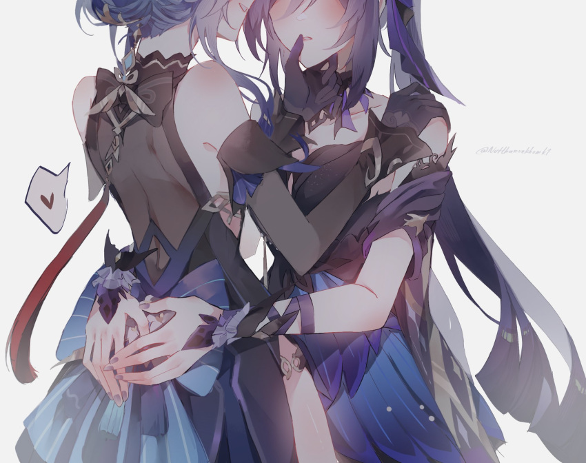 2girls back_bow black_dress black_gloves blue_hair blush bow commentary cowboy_shot dress elbow_gloves finger_to_another's_mouth ganyu_(genshin_impact) genshin_impact gloves grey_background hand_on_another's_shoulder hands_on_another's_waist heart highres keqing_(genshin_impact) long_hair multiple_girls nutthanunkhomk1 parted_lips purple_hair simple_background sleeveless sleeveless_dress smile spoken_heart twintails yuri