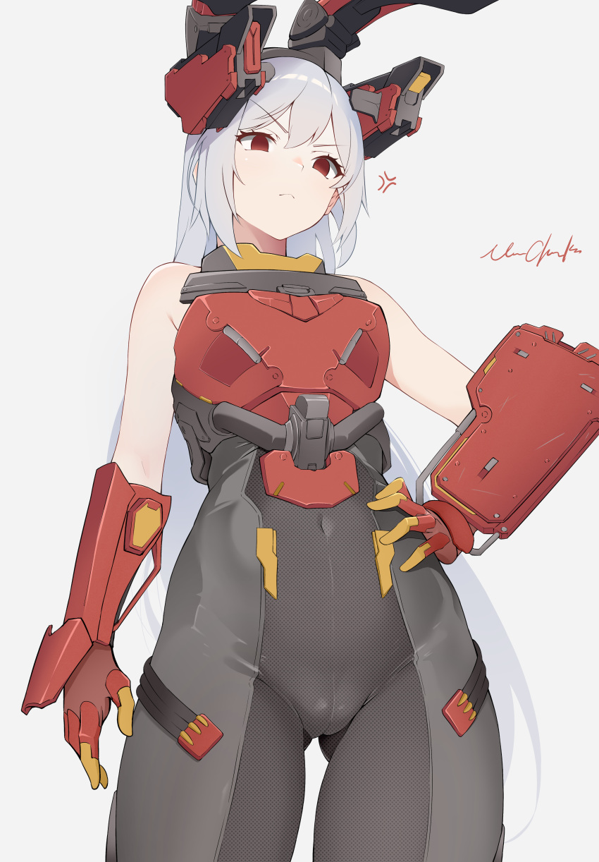 &gt;:( 1girl absurdres anger_vein animal_ears armor charolic_(girls'_frontline_2) covered_navel cowboy_shot fake_animal_ears girls'_frontline girls'_frontline_2:_exilium gloves hand_on_own_hip highres long_hair looking_at_viewer mechanical_ears rabbit_ears red_eyes red_gloves simple_background solo v-shaped_eyebrows vinnie_cheeks white_background white_hair