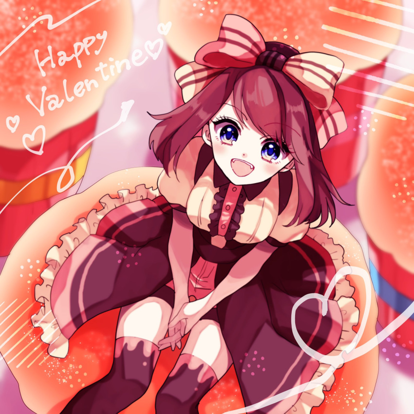 1girl :d alternate_costume blue_eyes bow brown_hair commentary_request dress fangs hair_bow happy_valentine hibikileon highres looking_at_viewer looking_up may_(pokemon) open_mouth own_hands_together pokemon pokemon_adventures puffy_short_sleeves puffy_sleeves short_sleeves sitting smile solo striped_bow teeth thighhighs upper_teeth_only