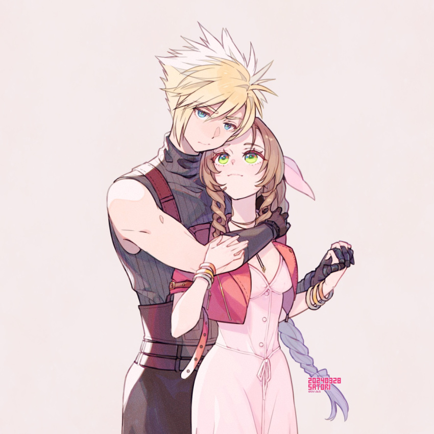 1boy 1girl aerith_gainsborough arm_around_neck artist_name bangle belt black_gloves blonde_hair blue_eyes blue_shirt bracelet braid braided_ponytail breasts brown_belt brown_hair buttons cha_niao_(strxscs) choker closed_mouth cloud_strife couple cropped_jacket dated dress final_fantasy final_fantasy_vii final_fantasy_vii_rebirth final_fantasy_vii_remake gloves green_eyes hair_between_eyes hair_ribbon hand_on_another's_arm hetero holding_hands hug hug_from_behind interlocked_fingers jacket jewelry medium_breasts multiple_belts parted_bangs pink_dress pink_ribbon red_jacket ribbon ribbon_choker shirt short_hair short_sleeves sidelocks single_bare_shoulder single_braid sleeveless sleeveless_turtleneck spiked_hair suspenders turtleneck upper_body wavy_hair