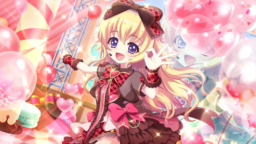 1girl :d balloon blonde_hair bow brooch brown_bow brown_dress checkered_floor chocolate concert confetti dot_nose dress dutch_angle film_grain food frilled_dress frills game_cg hair_bow hasegawa_mii headset heart heart_brooch holding holding_balloon idol idol_clothes izumi_tsubasu jewelry large_bow lens_flare long_hair macaron non-web_source official_art ok_sign open_mouth oversized_food oversized_object plaid plaid_bow plaid_wrist_cuffs purple_eyes re:stage! red_bow red_wrist_cuffs screen short_sleeves smile solo sparkle sparkling_eyes stage streamers two-tone_bow valentine wrist_cuffs