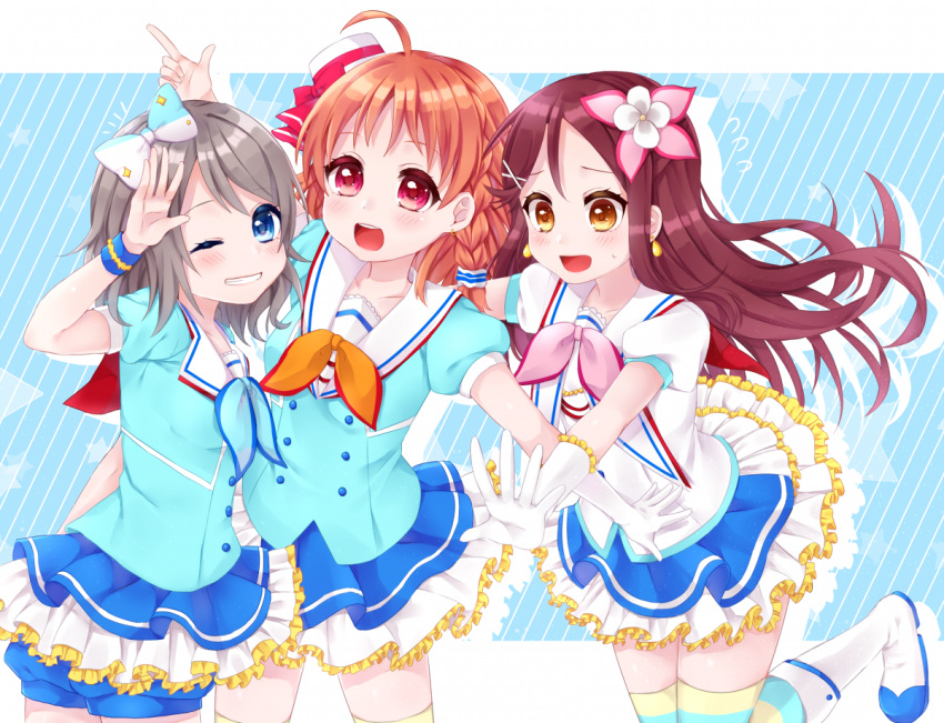 aozora_jumping_heart blue_eyes blush brown_hair looking_at_viewer love_live! love_live!_sunshine!! multiple_girls necktie sakurauchi_riko shion_(tafu) short_hair simple_background smile takami_chika thighhighs thighs watanabe_you