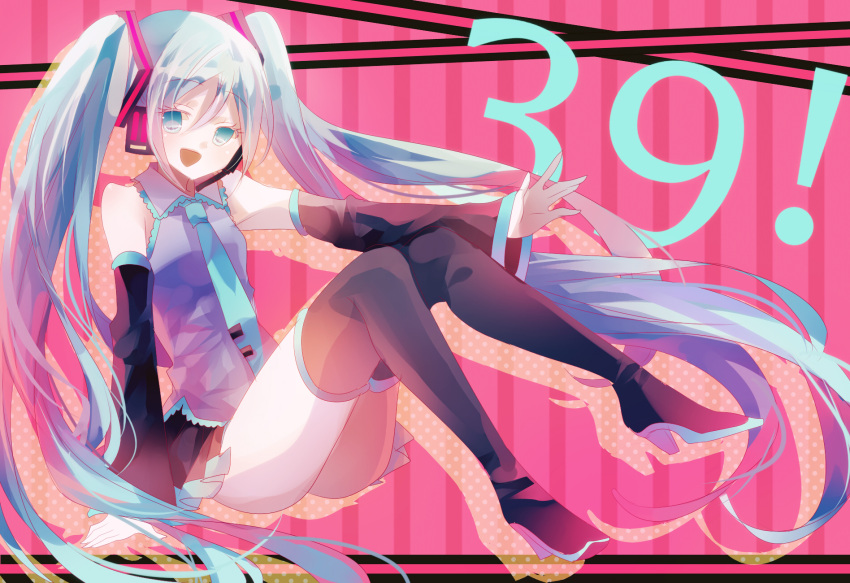 ! 1girl 39 aqua_eyes aqua_hair aqua_necktie bare_shoulders black_footwear black_sleeves boots collared_vest detached_sleeves filiananna full_body grey_vest hatsune_miku headset high_heel_boots high_heels highres knees_together_feet_apart lace_trim legs long_hair looking_at_viewer miku_day necktie open_mouth outstretched_hand pink_background polka_dot sleeves_past_wrists smile solo striped_background thigh_boots twintails very_long_hair vest vocaloid zettai_ryouiki