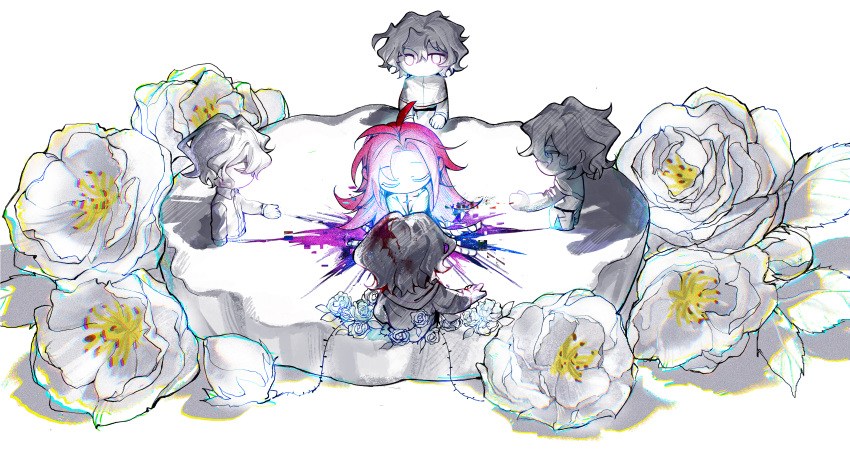 5boys absurdres antenna_hair blood blood_in_hair capelet chinese_commentary closed_eyes collared_shirt commentary_request flower hatsutori_hajime highres long_hair long_sleeves male_focus multicolored_blood multiple_boys multiple_persona no_mouth no_nose parted_bangs partially_colored pink_hair rose saibou_shinkyoku shirt short_hair simple_background utsugi_noriyuki white_background wotmyijingwuyuwuqiule