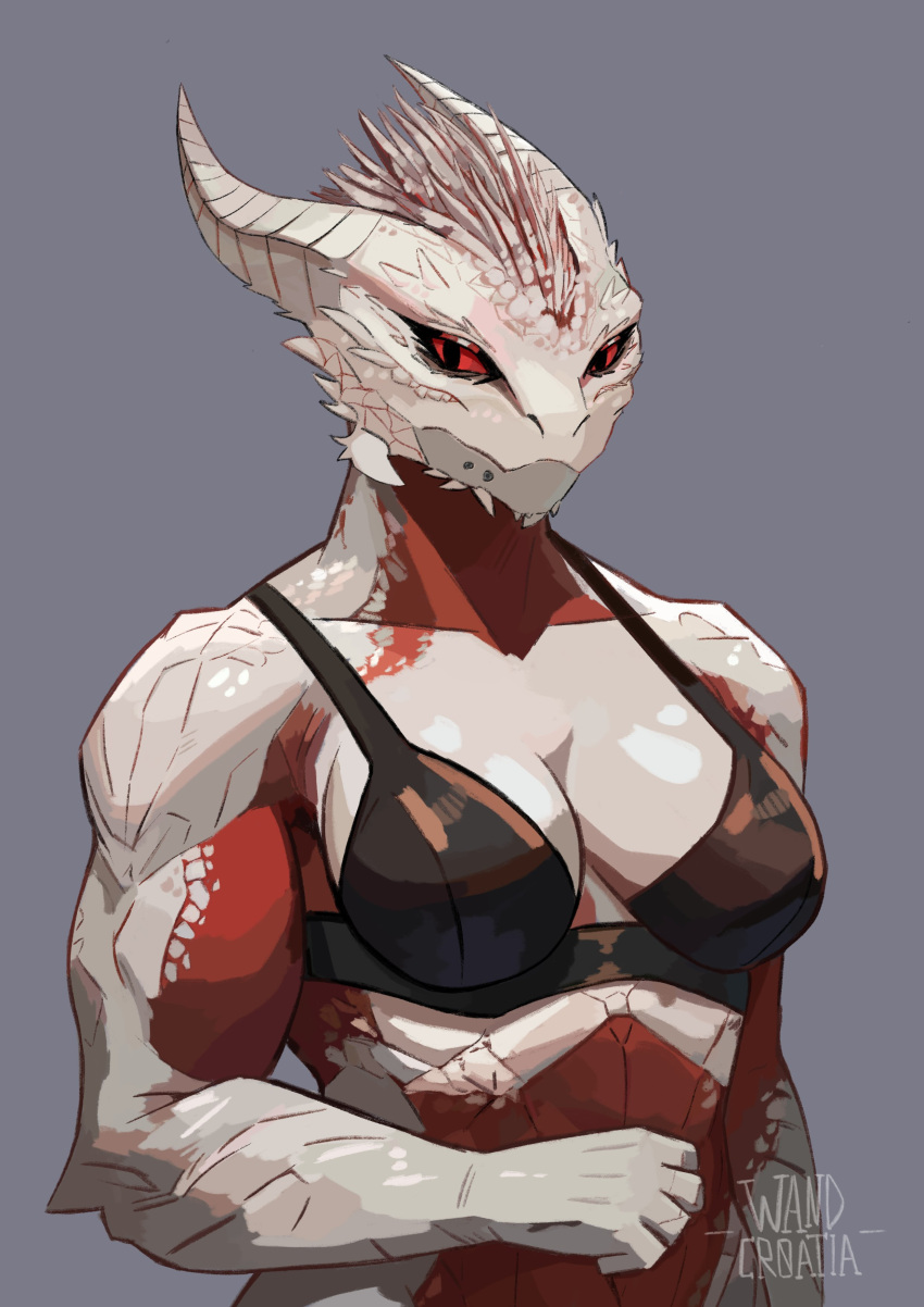 absurd_res anthro athletic athletic_female baldur's_gate baldur's_gate_3 big_breasts bioware bra breasts claws clothed clothing digital_media_(artwork) dragonborn_(dnd) dungeons_and_dragons electronic_arts female hasbro hi_res horn looking_at_viewer mostly_nude muscular red_eyes scales scalie simple_background skimpy solo the_dark_urge_(baldur's_gate) underwear wandcroatia white_body white_scales wizards_of_the_coast