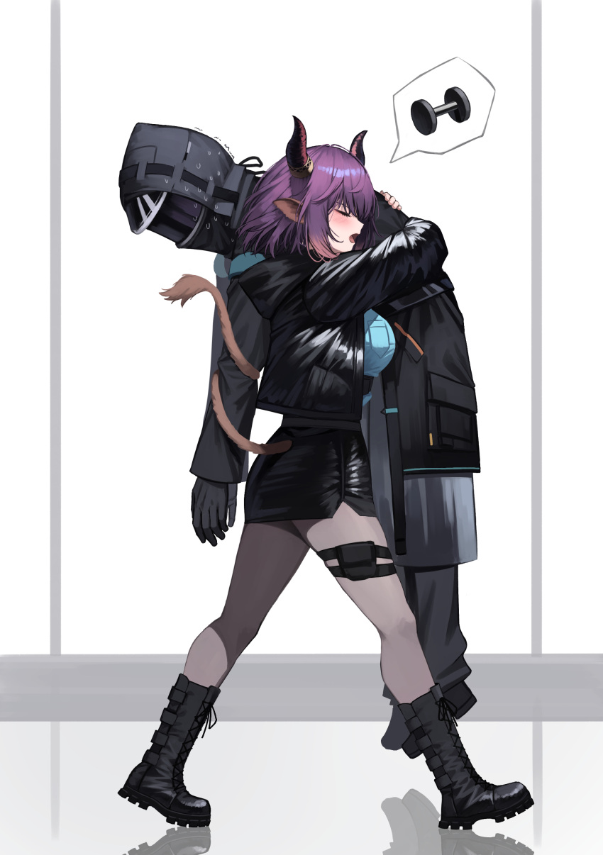 1girl 1other absurdres animal_ears arknights black_footwear black_jacket black_skirt blue_shirt blush boots breasts carrying carrying_person closed_eyes commentary cross-laced_footwear doctor_(arknights) dumbbell english_commentary grey_pantyhose highres hood hood_down hood_up hooded_jacket horns jacket kimsuwan2013 lace-up_boots medium_breasts open_mouth pantyhose profile purple_hair reflection shirt sideroca_(arknights) skirt tail tail_through_clothes tail_wrap walking white_background