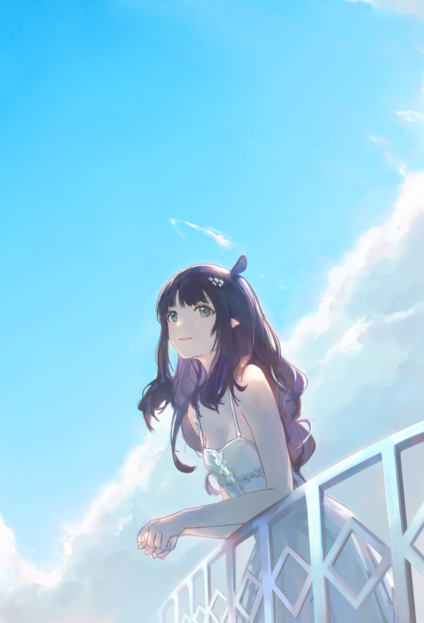 1girl against_railing alternate_costume alternate_hairstyle blue_eyes blue_sky blunt_bangs breasts cloud day dress hair_ornament hair_over_shoulder hairclip hashtag-only_commentary highres hololive hololive_english long_dress long_hair looking_up ninomae_ina'nis open_mouth outdoors pointy_ears purple_hair railing sidelocks sky sleeveless sleeveless_dress small_breasts solo sundress tallgeese_(lgeesel) tentacle_hair virtual_youtuber wavy_hair white_dress