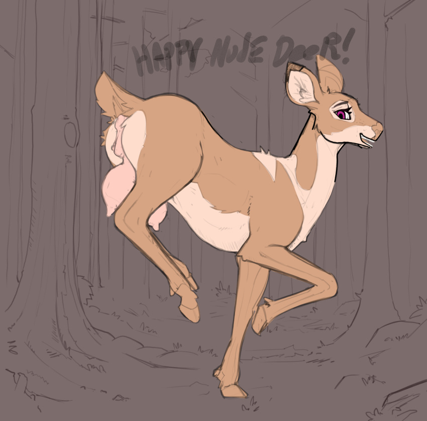 brown_body deer dronecadge female feral forest hi_res mammal on_one_leg plant simple_background simple_coloring sketch solo standing text tree