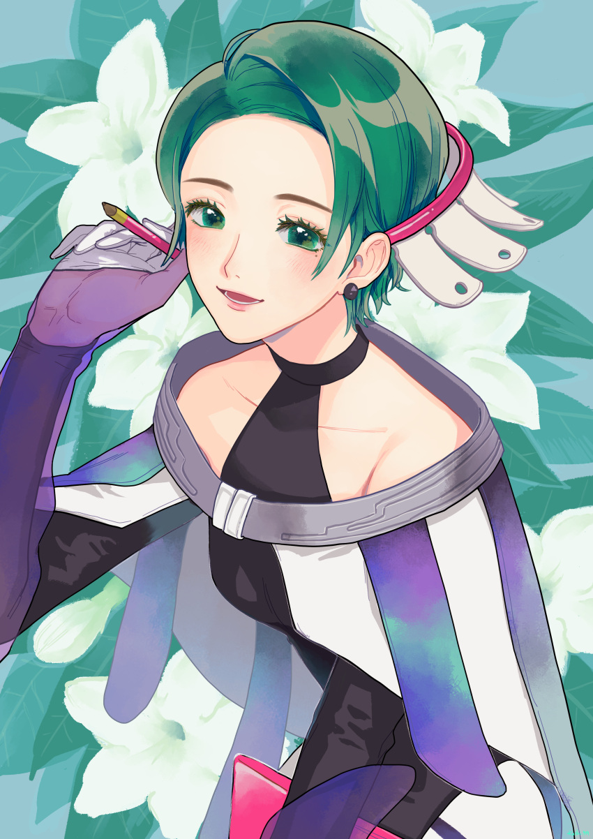 1girl absurdres bare_shoulders dress flower gloves gnosia green_eyes green_hair highres kashi0919 lily_(flower) lipstick looking_at_viewer makeup pen short_hair sleeveless sleeveless_dress smile solo stella_(gnosia) white_flower