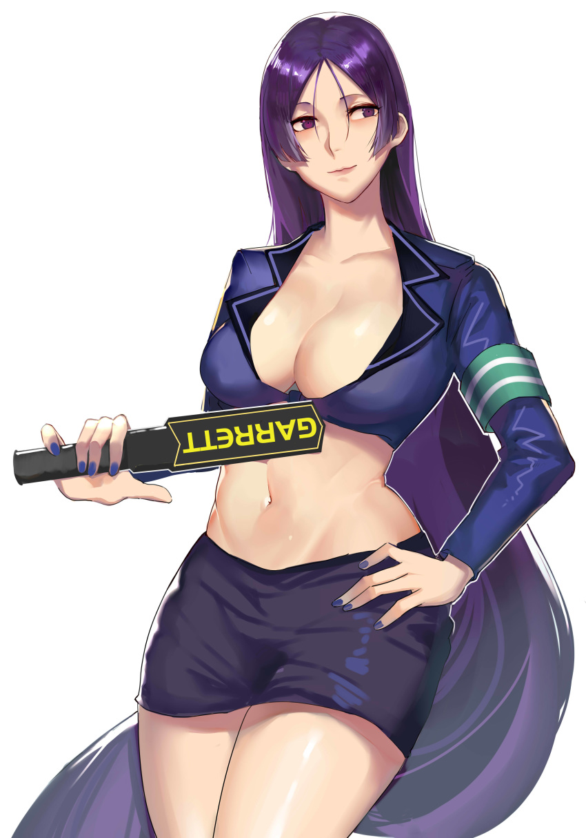 1girl breasts cleavage closed_mouth cowboy_shot fate/grand_order fate_(series) highres holding large_breasts legs legs_together long_hair long_sleeves looking_at_viewer lr matching_hair/eyes midriff minamoto_no_raikou_(fate/grand_order) miniskirt nail_polish purple_clothes purple_eyes purple_hair purple_nails simple_background skirt smile solo standing thighs very_long_hair white_background